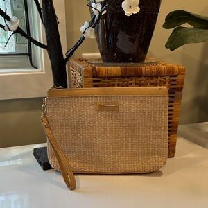 Nanette Lepore Tan Straw Wristlet Clutch with Pebbled Faux Leather Trim